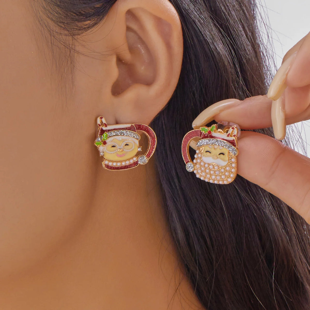 Creative Christmas Grandpa and Grandma Zircon Stud Earrings For Women White Pearl Crystal Snowman Elk Earring New Year Jewelry