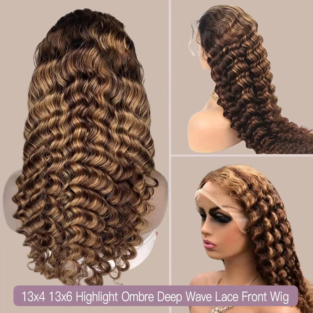 13x4 13x6 Hd Lace Frontal Wig Water Wave 4/27 Highlight Wig Deep Wave Curly Wigs Pre Plucked Brazilian Human Hair for Women