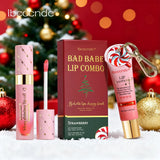 Two-piece HSF Marketplace Bad Girl glossy Christmas lip gloss set with strawberry lip balm and plumping, hydrating lip gloss.
