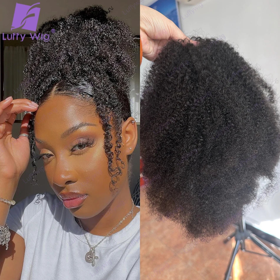 Afro kinky curly Brazilian Remy human hair drawstring clip-in ponytail extension, 12–26 inches