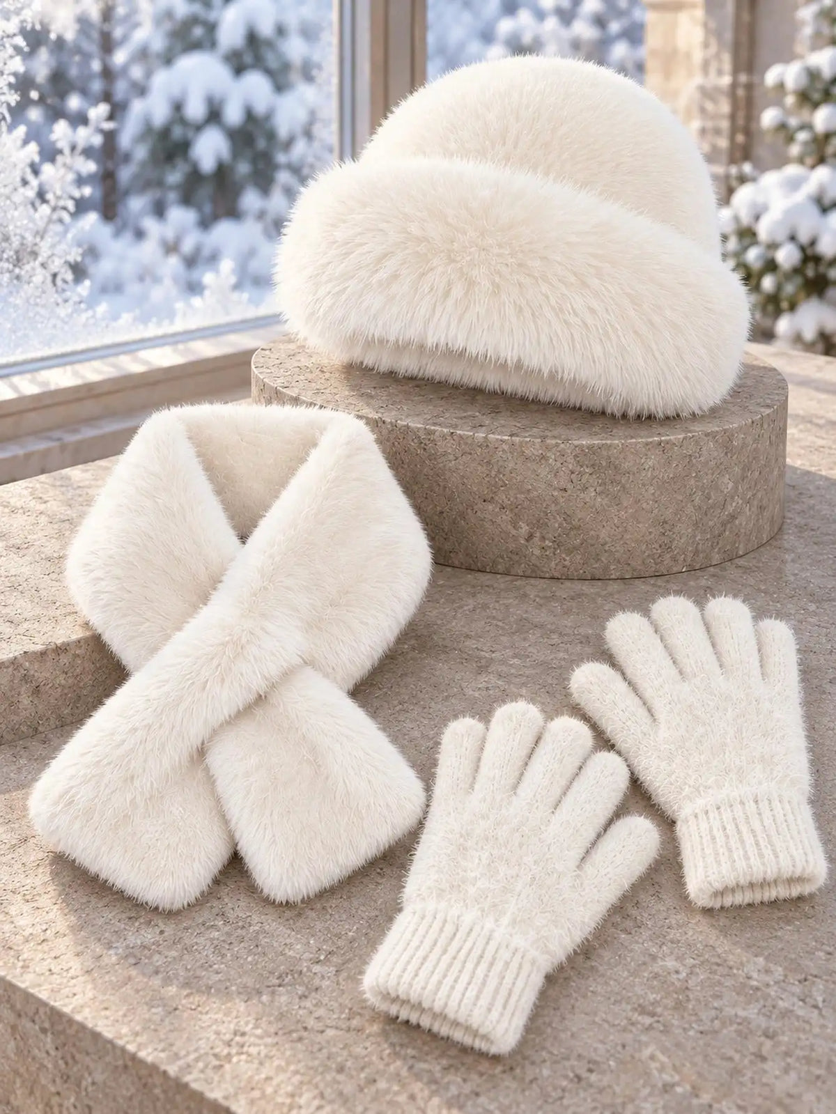 HSF Marketplace winter plush warm hat, scarf, and gloves set for outdoor use