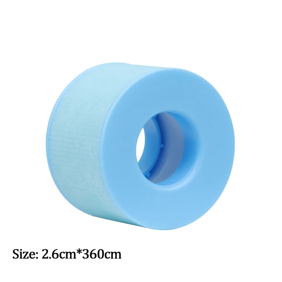 Close-up of breathable, non-woven silicone gel eyelash tape with microporous design for eyelash extension application.
