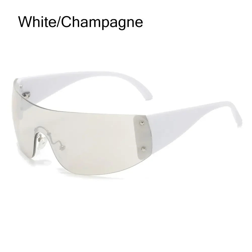Y2K rimless punk sunglasses by HSF Marketplace, wrap-around styles with a sleek, luxury design for women and men.