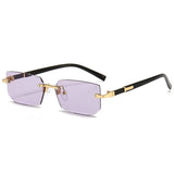 Rimless rectangular sunglasses for women and men, small square fashion shades with UV protection, suitable for summer travel.