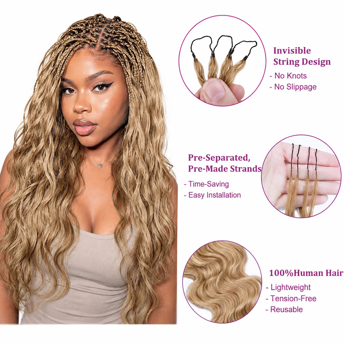 Body Wave Feather Crochet Human Hair Extensions Miracle Knots Honey Blonde Pre Separated Knotless Invisible Crochet Braids Human Braiding Hair Lightweight Comfortable Reusable Boho Hairstyle For Women