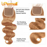 Upermall #27 Colored 3/4 Remy Bundles with Closure Body Wave Human Hair Honey Blonde Transparent 4x4 5x5 Lace Closure and Weaves