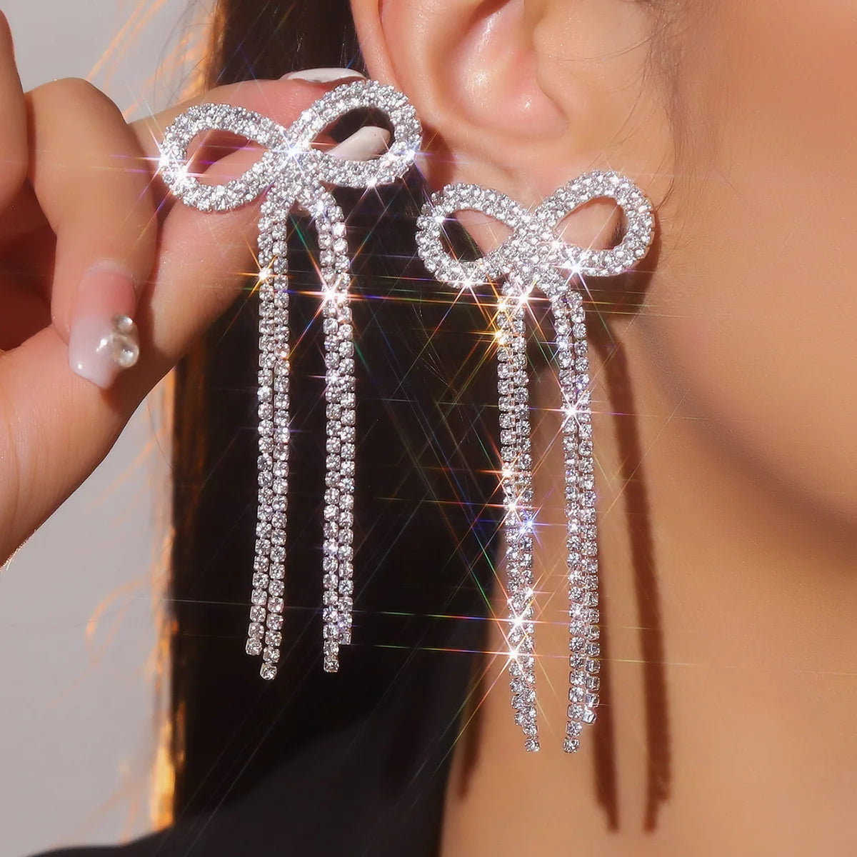 Luxury bowknot drop earrings with crystal tassels for women, HSF Marketplace jewelry