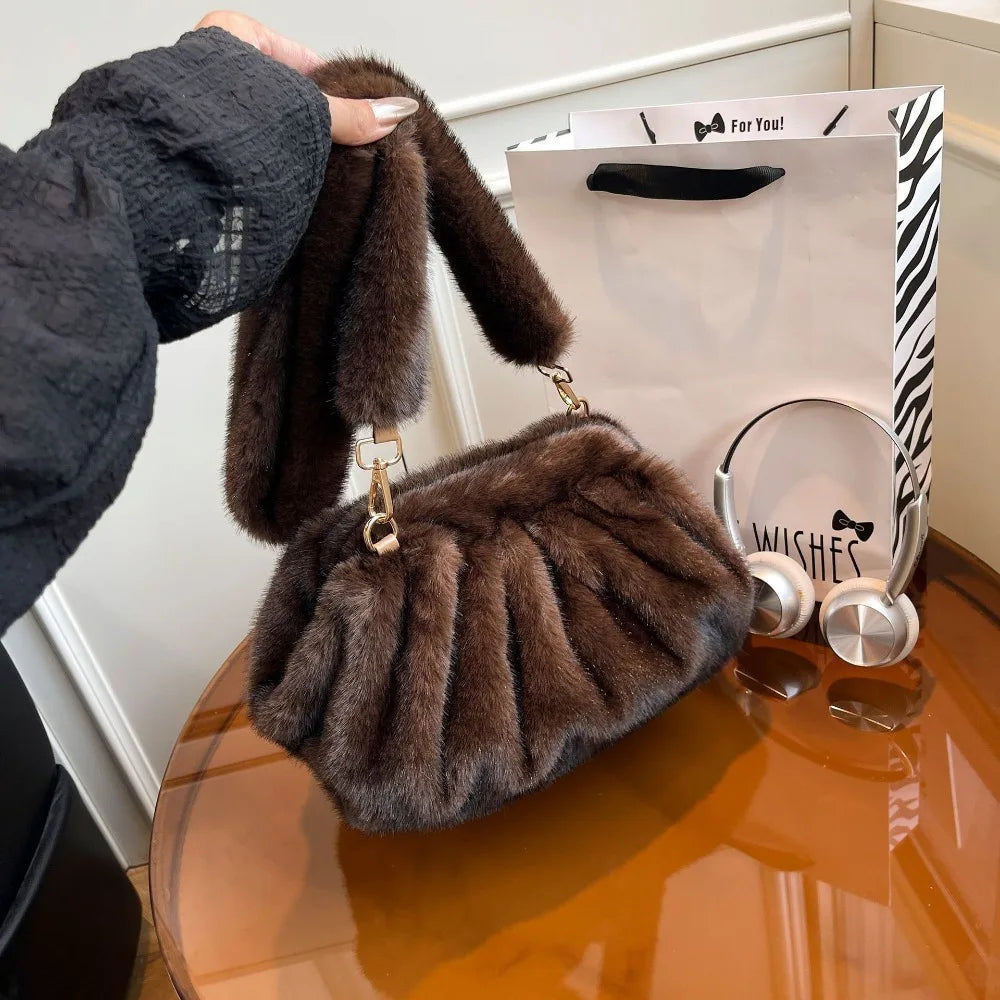 Large capacity crossbody handbag with relaxed wrinkled mink fur texture, solid color, shoulder strap, ideal for women.