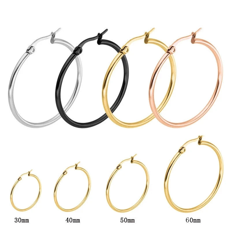 Classic stainless steel hoop earrings for women, 30–80mm, polished circular design