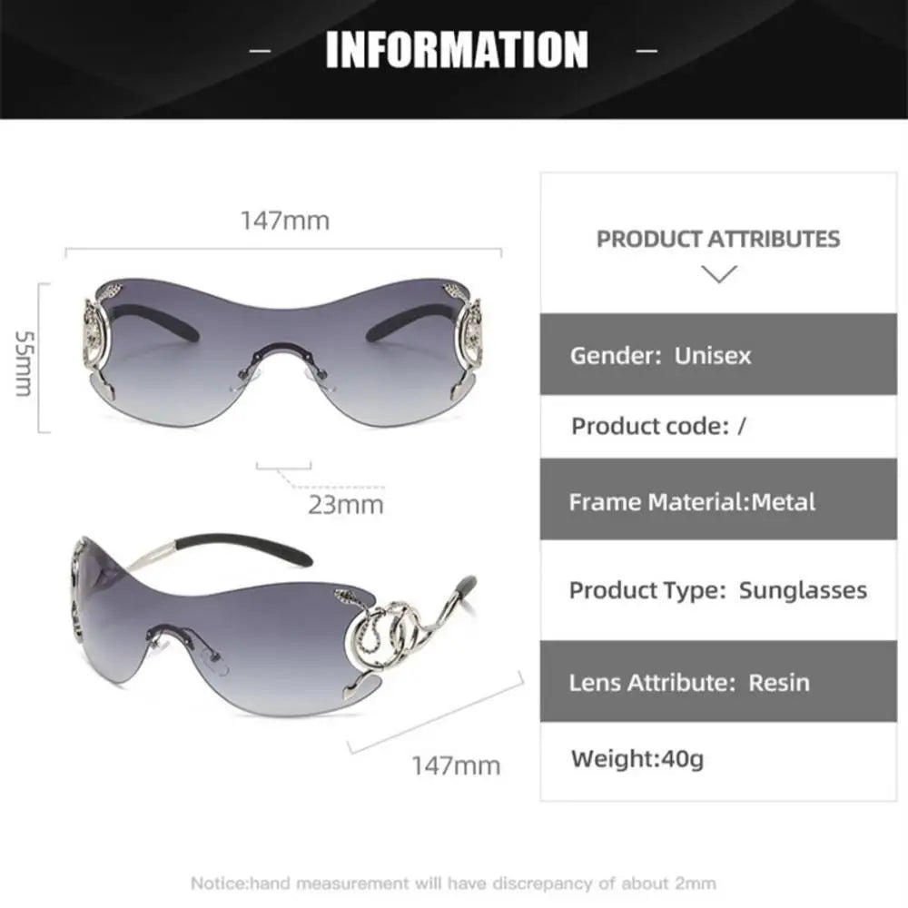 Y2k rimless sunglasses for women with snake ray metal legs, gradient lenses, wrap-around punk style, luxury eyewear by HSF Marketplace.