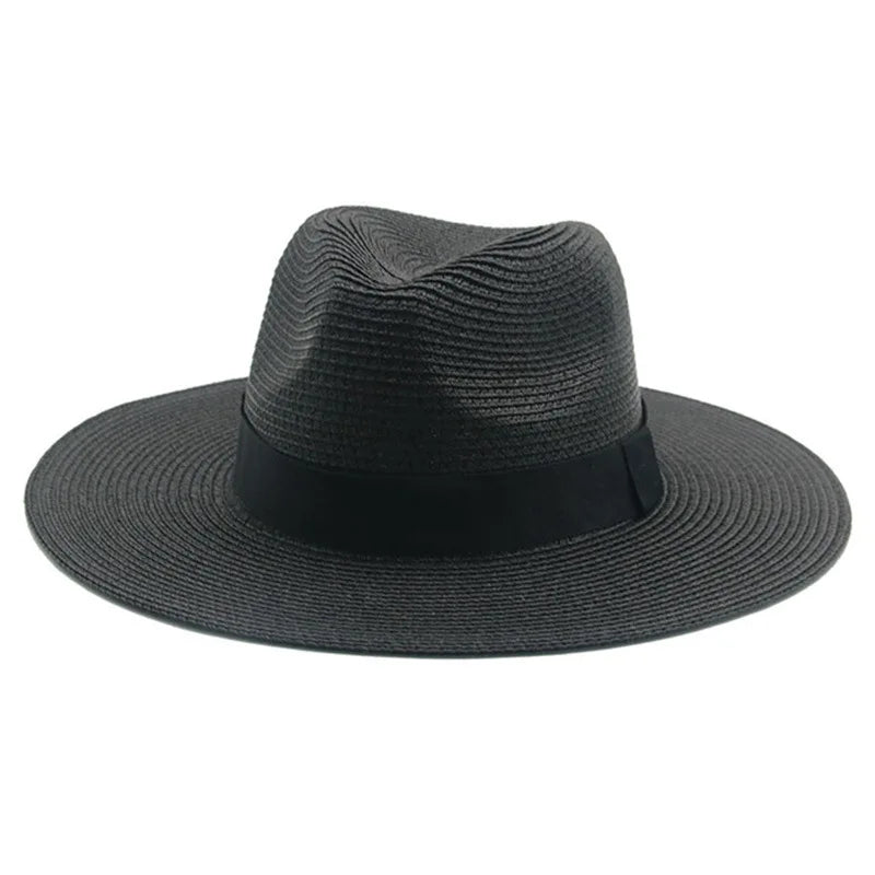 Women's black ribbon Panama straw hat for spring and summer sun protection
