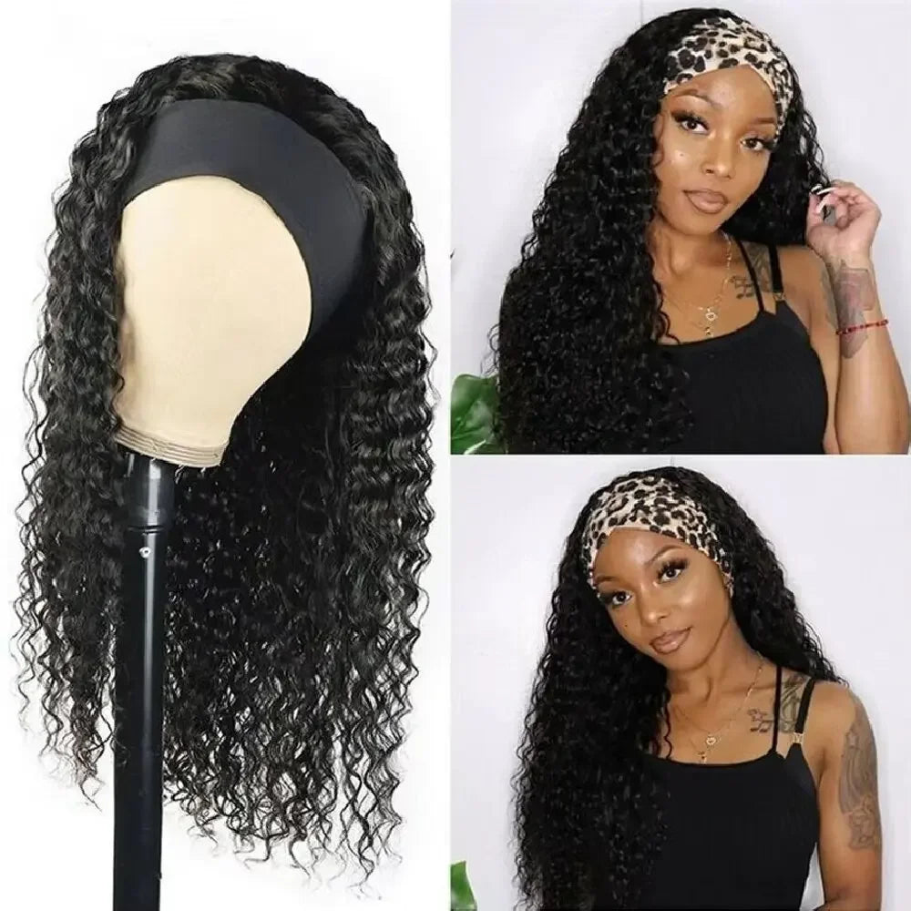 Deep wave curly human hair half wig with headband, full machine-made, by HSF Marketplace
