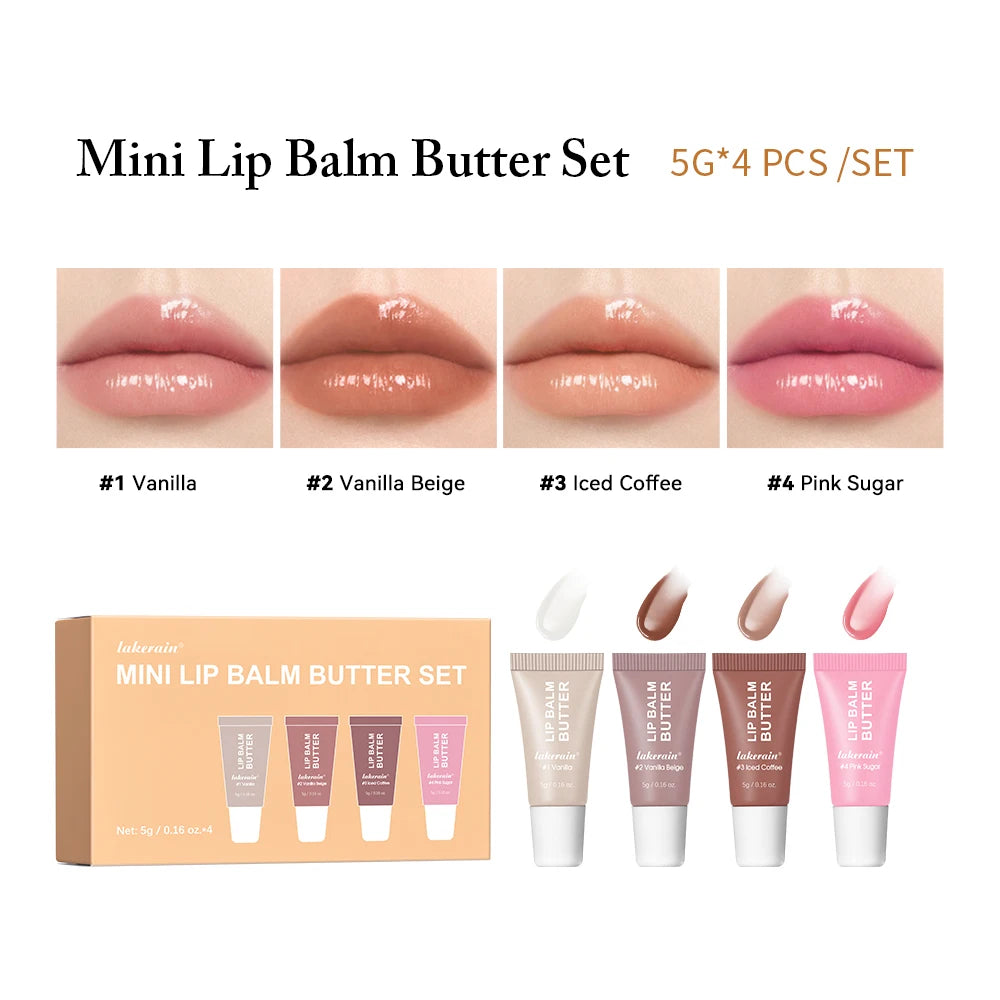 Four transparent mirror lip gloss tubes with vanilla, pink sugar, and coffee cake scents, featuring moisturizing, shiny lip oil.