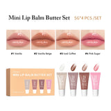 Four transparent mirror lip gloss tubes with vanilla, pink sugar, and coffee cake scents, featuring moisturizing, shiny lip oil.
