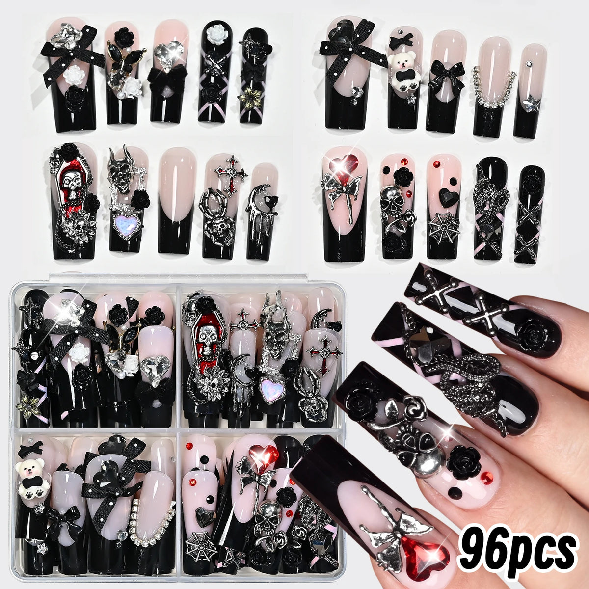 96-piece short square cat eye press-on nails, glossy glitter French design in four colors by HSF Marketplace