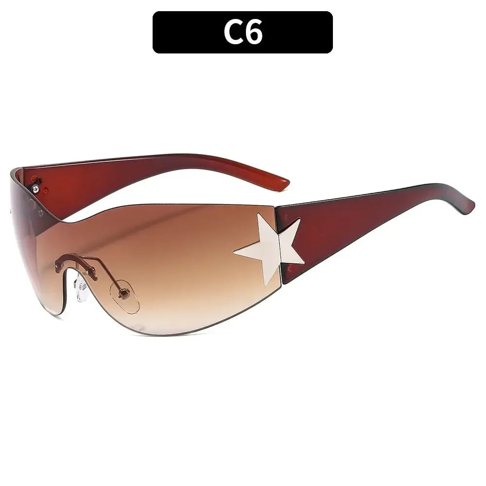 Y2K rimless punk sunglasses by HSF Marketplace, wrap-around design, unisex luxury eyewear with sporty one-piece shades.