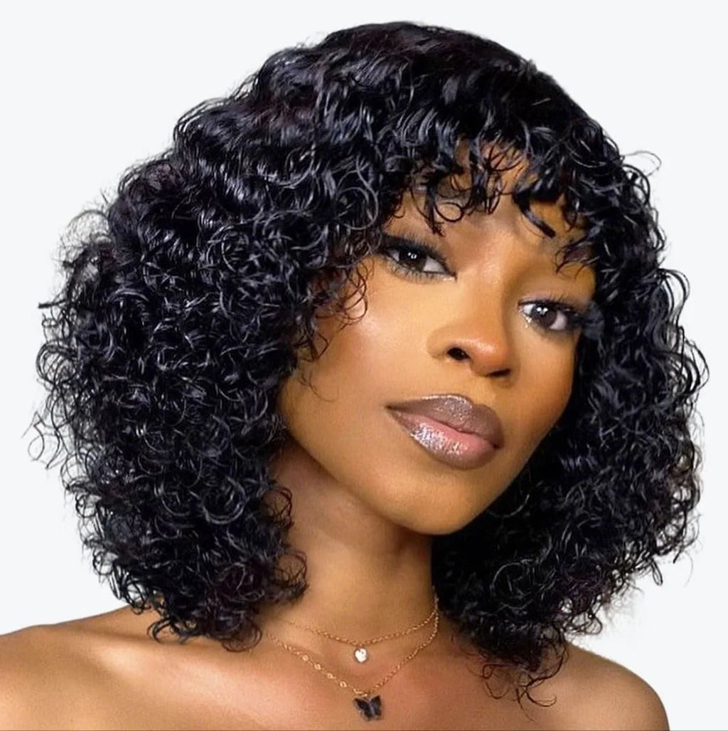 Short curly bob wig with bangs, natural color, Brazilian Remy 100% human hair, glueless daily wear, by HSF Marketplace.