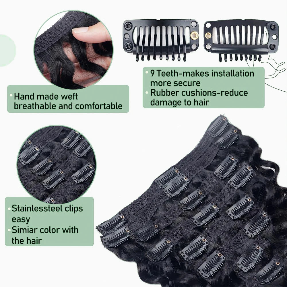 Brazilian deep wave clip-in hair extensions, 8-piece set, natural black Remy human hair, 10-26 inch