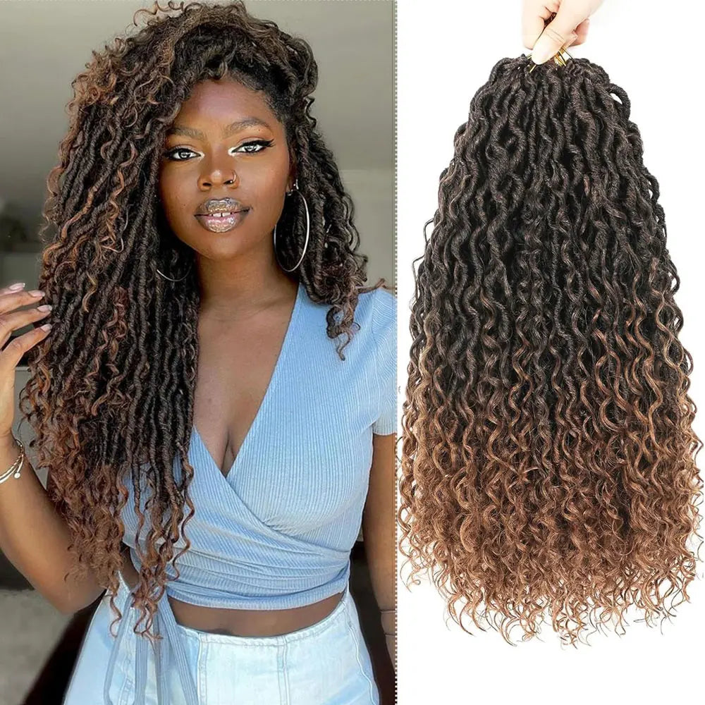 14-inch faux locs crochet hair with curly ends, pre-looped synthetic goddess locs for black women in an 8-pack, boho style.
