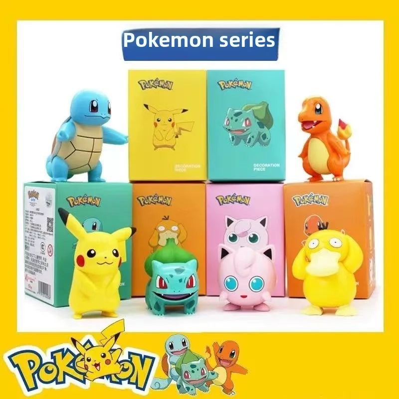 Pokemon blind box with six Pet Elves figures, including Pikachu, Koda, duck, car ornaments, and Bao Kemeng toys