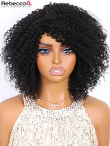 Brazilian Remy human hair wig with kinky curly bob style, bangs, 200% density, easy wear, for women by HSF Marketplace