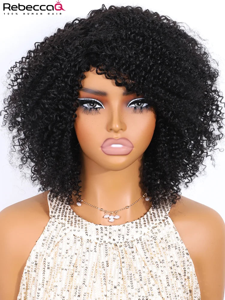 Brazilian Remy human hair wig with kinky curly bob style, bangs, 200% density, easy wear, for women by HSF Marketplace