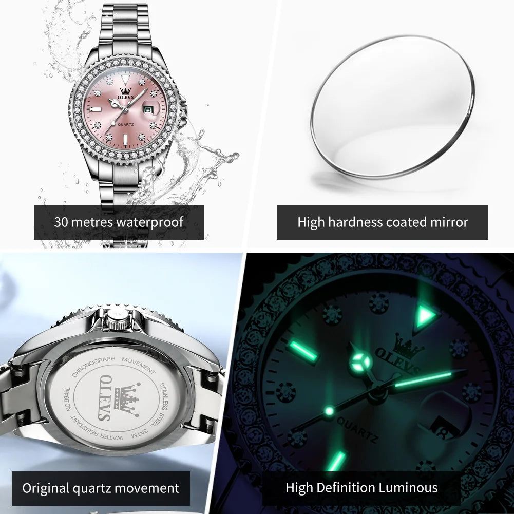 OLEVS 9945 Luxury Women Original Quartz Movement Watch Diamond Scale Stainless Steel Bracelet Luminous Function 30M Waterproof Watch