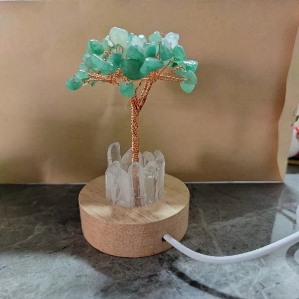 Glowing Crystal Money Tree with LED Base for Wealth Luck, Natural Stone Feng Shui Desktop Ornament, Gift for Birthday