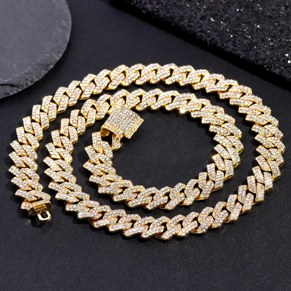 Gold Cuban link chain necklace with rhinestones, 16 to 24 inches, 2-row hip hop jewelry for women and men featuring rhombus prong design.