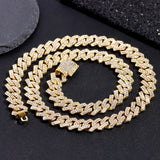 Gold Cuban link chain necklace with rhinestones, 16 to 24 inches, 2-row hip hop jewelry for women and men featuring rhombus prong design.