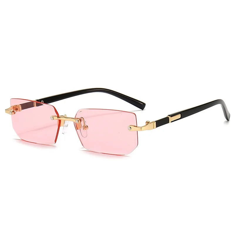 Rimless rectangular sunglasses by HSF Marketplace featuring small square frames, suitable for women and men, summer travel style