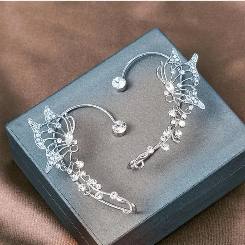 Korean elf butterfly ear cuff with sparkling zircon crystal clip, non-piercing wedding jewelry for women