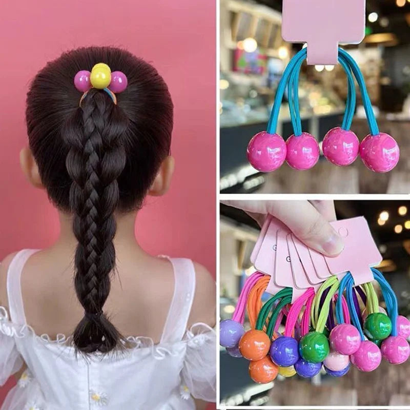 Candy Color Double Bead Hair Ties Kids Elastic Hair Bands Colorful Round Ball Ponytail Holders Cute Hair Accessories For Little