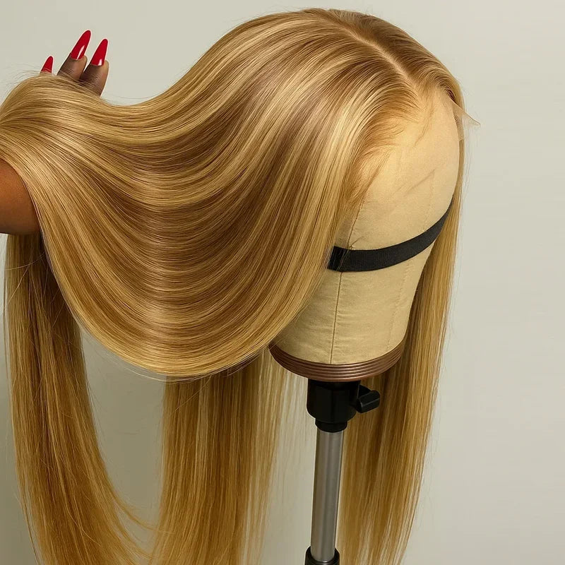 Human hair wig with highlight front, pre-plucked hairline, straight style, 5x5 lace, glueless design, 250 density, for women.