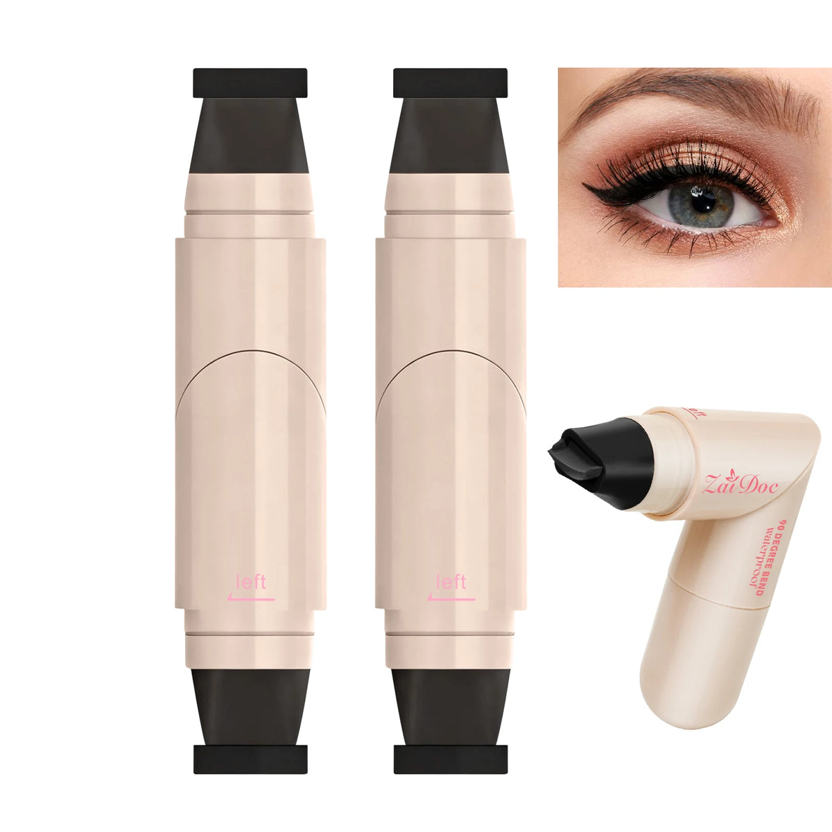 ZaiDoc double-ended winged eyeliner stamp pen in black or brown with cat-eye stamp and liner tip