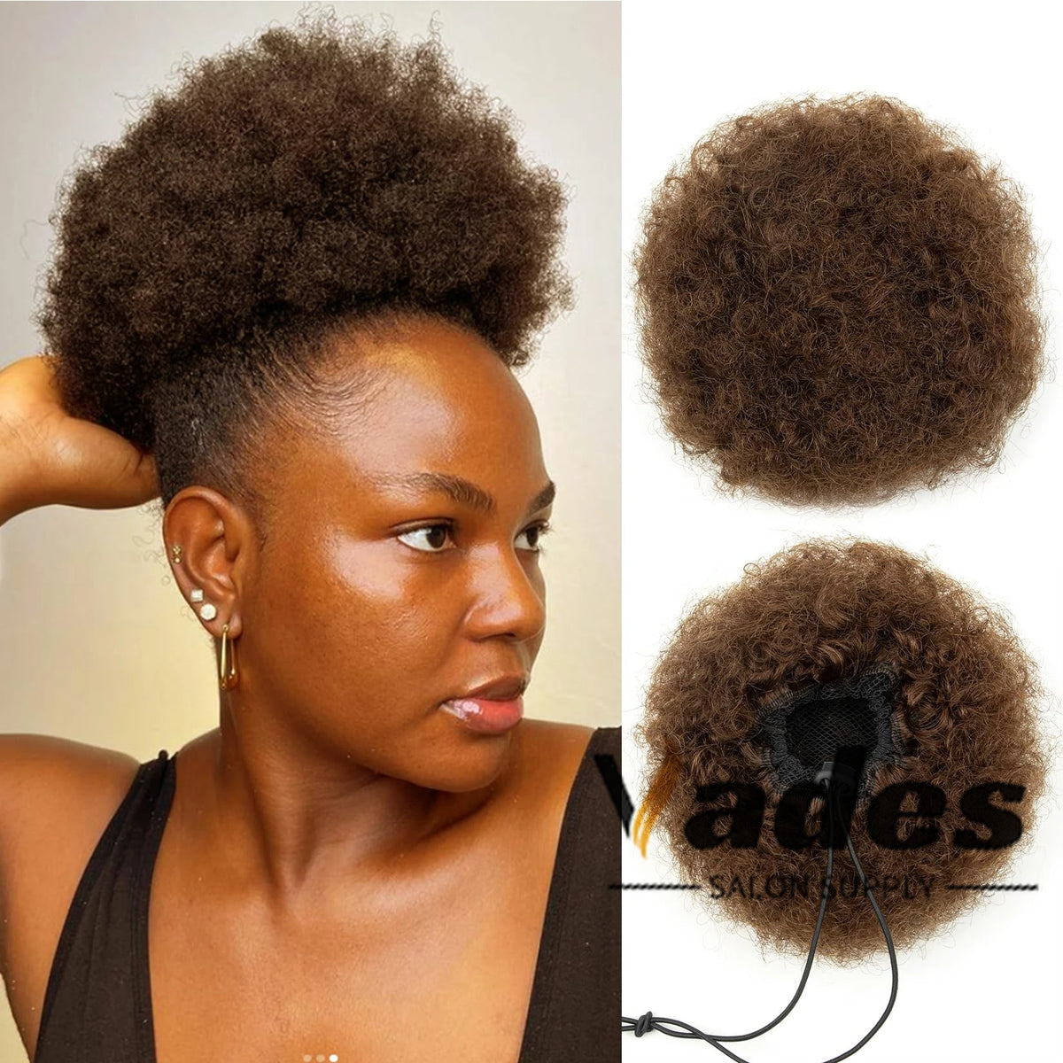 Curly human hair afro kinky puff drawstring ponytail high bun hair piece in black, 4 6 8 inch extensions