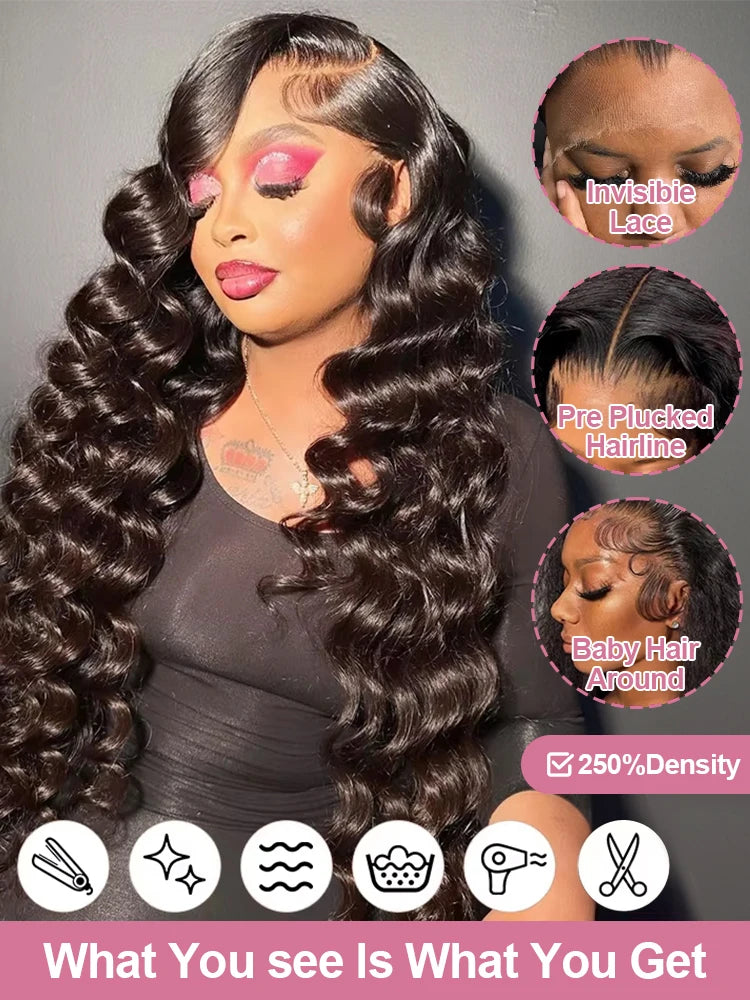 250 Density Loose Deep Wave 13x4 360 Full Lace Front Wig 40 42 Inch 13x6 HD Loose Wave Lace Frontal Human Hair Wigs For Women 100% Real Virgin Raw Human Hair Wig Bleached Knots Preplucked Natural Hairline Wet And Wavy Lace Wi