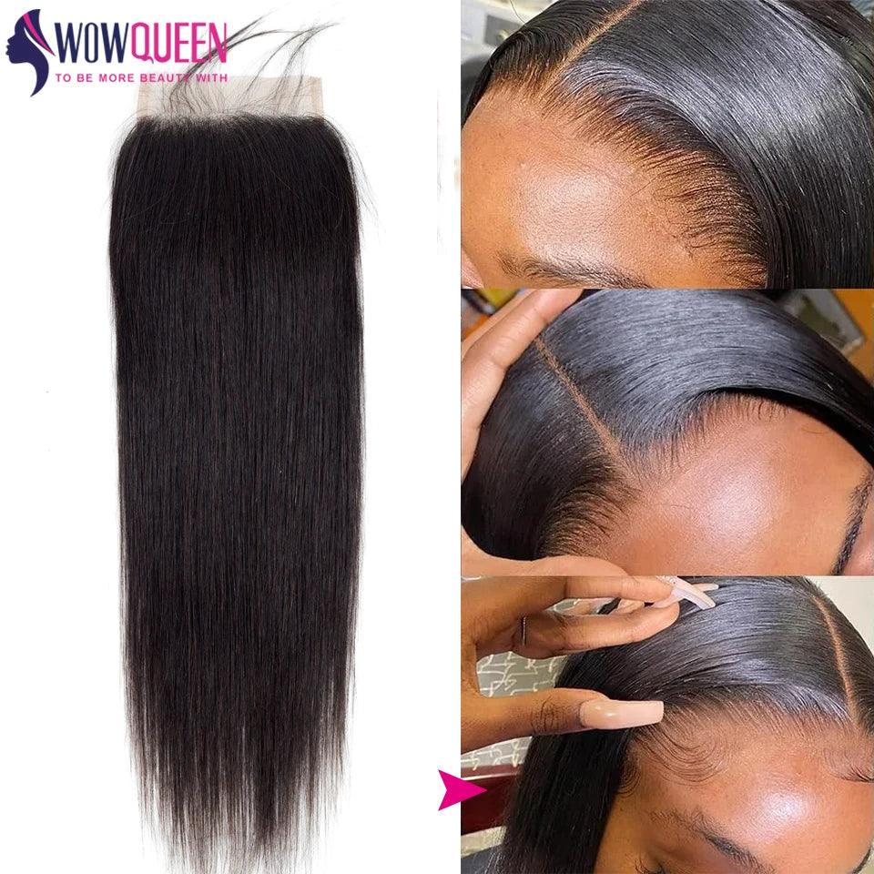 Straight human hair bundles with 4x4 closure in 22, 24, or 26 inches, showcasing smooth, unprocessed raw hair from HSF Marketplace