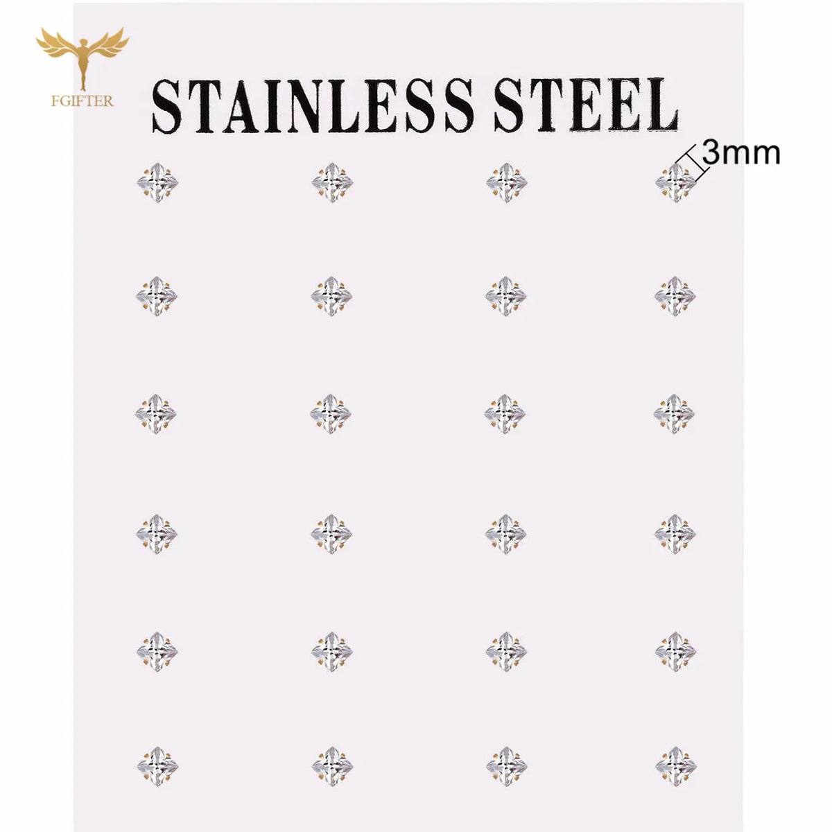 12-pair white crystal stud earrings set, 2–7mm round and square zircons with golden stainless steel posts