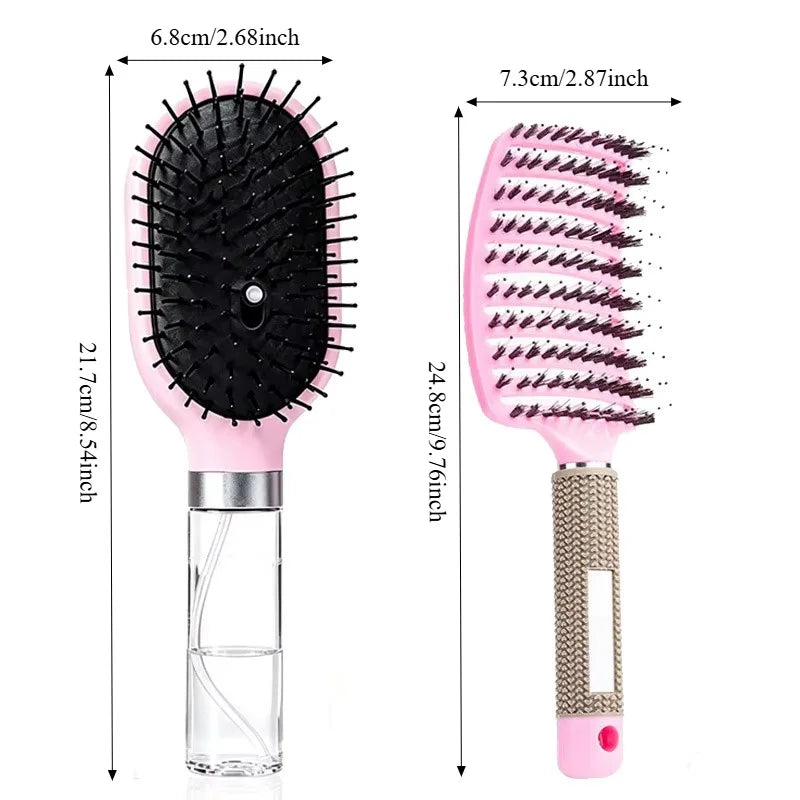 3Pcs Pink Hair Brush Set with Spray Bottle Air Cushion Massage Comb Hollow Vent Detangling Brush Wet Dry Hair Styling Salon Tools