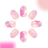 HSF Marketplace 24-piece short almond press-on nails with pink floral French tips and glossy full-cover finish