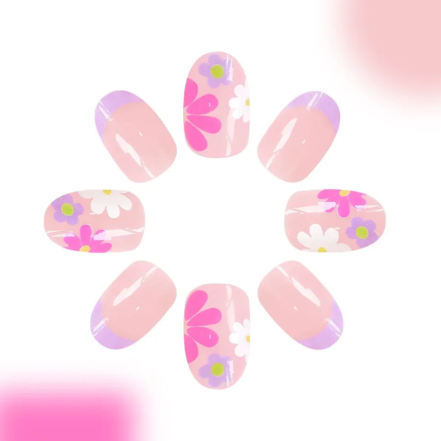 HSF Marketplace 24-piece short almond press-on nails with pink floral French tips and glossy full-cover finish