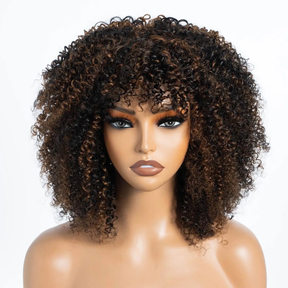 Short curly human hair wig with bangs, Afro kinky style, glueless full machine-made wig, 250 density, Remy hair.