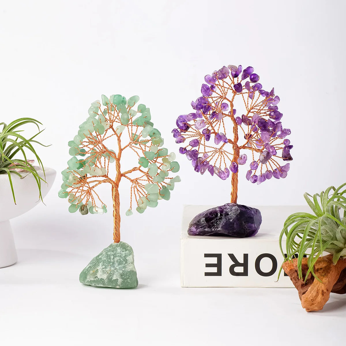 1PC Natural Gemstone Crystal Lucky Tree with Irregular Raw Stone Base for Home Office Desk Living Room Decor