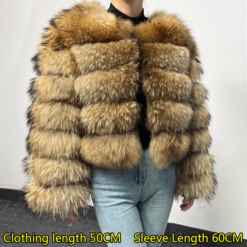 Women's luxury thick real raccoon fur coat in plus sizes, featuring a plush full-length design