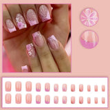 24-piece pink short square French false nails with glitter flower design, full-cover press-on nail tips by HSF Marketplace
