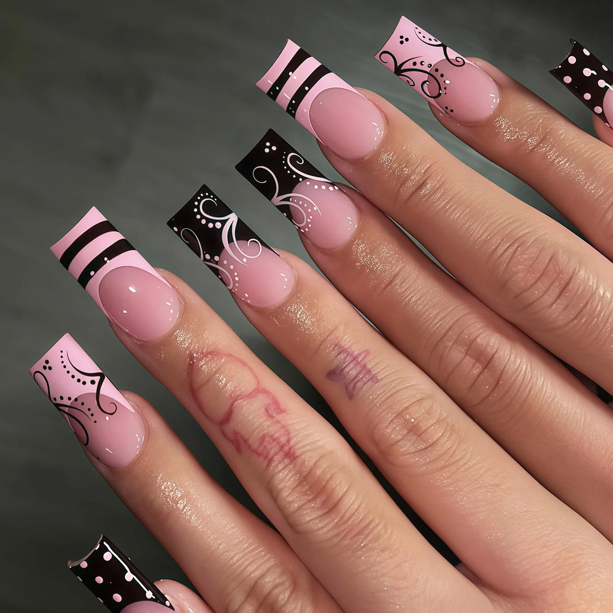 24-piece pink and black French polka dot striped long coffin press-on false nails by HSF Marketplace