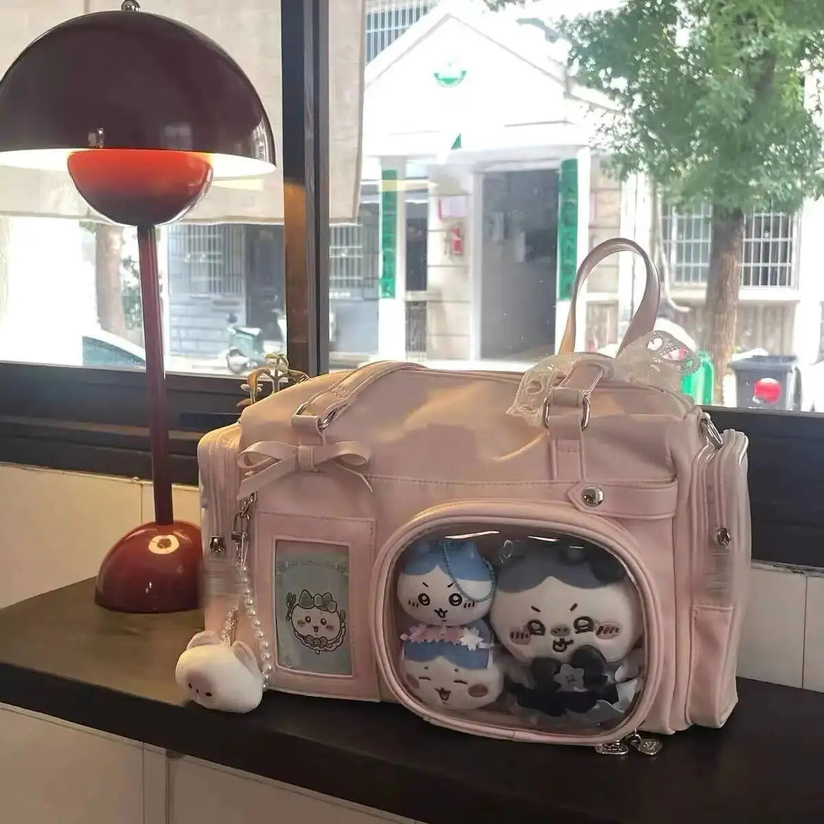 Y2K style HSF Marketplace transparent shoulder handbag with large capacity, cute comic design, and DIY display features.