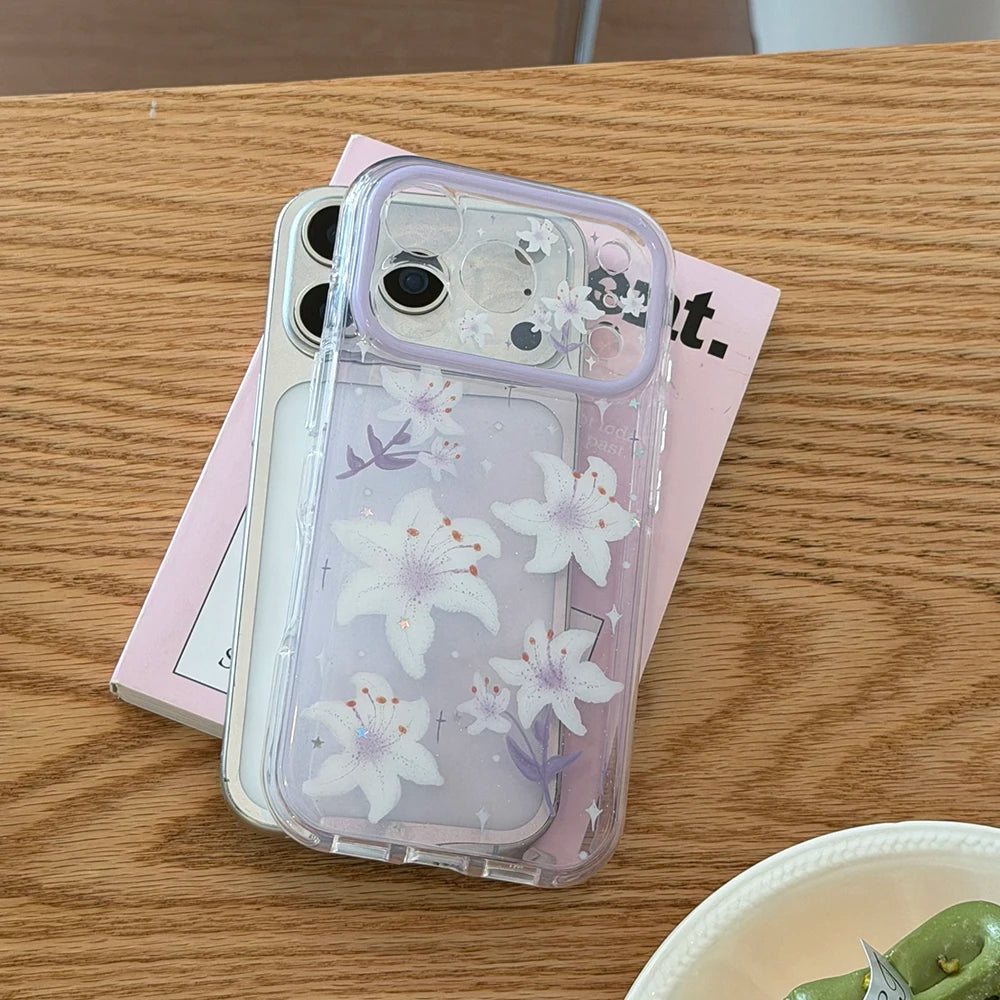 Glitter Lily Flower Shockproof Phone Case for iPhone 15-18 Models