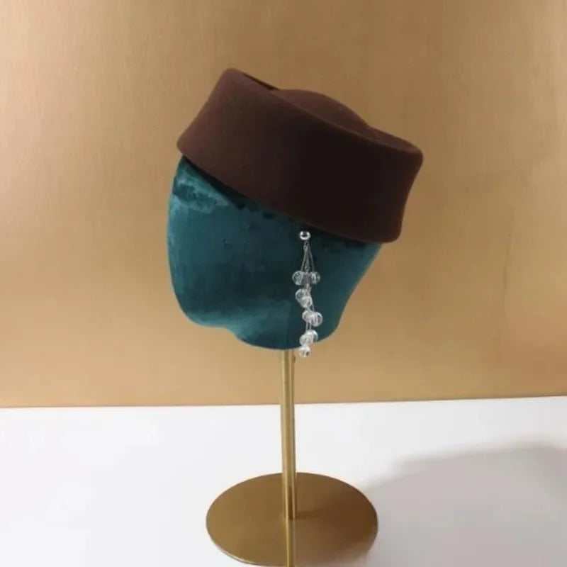 Women's wool felt beret hat with vintage concave hard top, wedding fascinator pillbox cap HSF Marketplace
